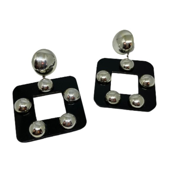 Vintage 80s 90 Black Acrylic and Silver Studded Square Statement Earrings - Picture 1 of 5